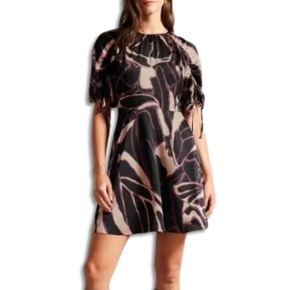 Ted Baker Gilliaa Casual Dress Open-Back Puff Sleeves Geometric Print W 4 NWOT